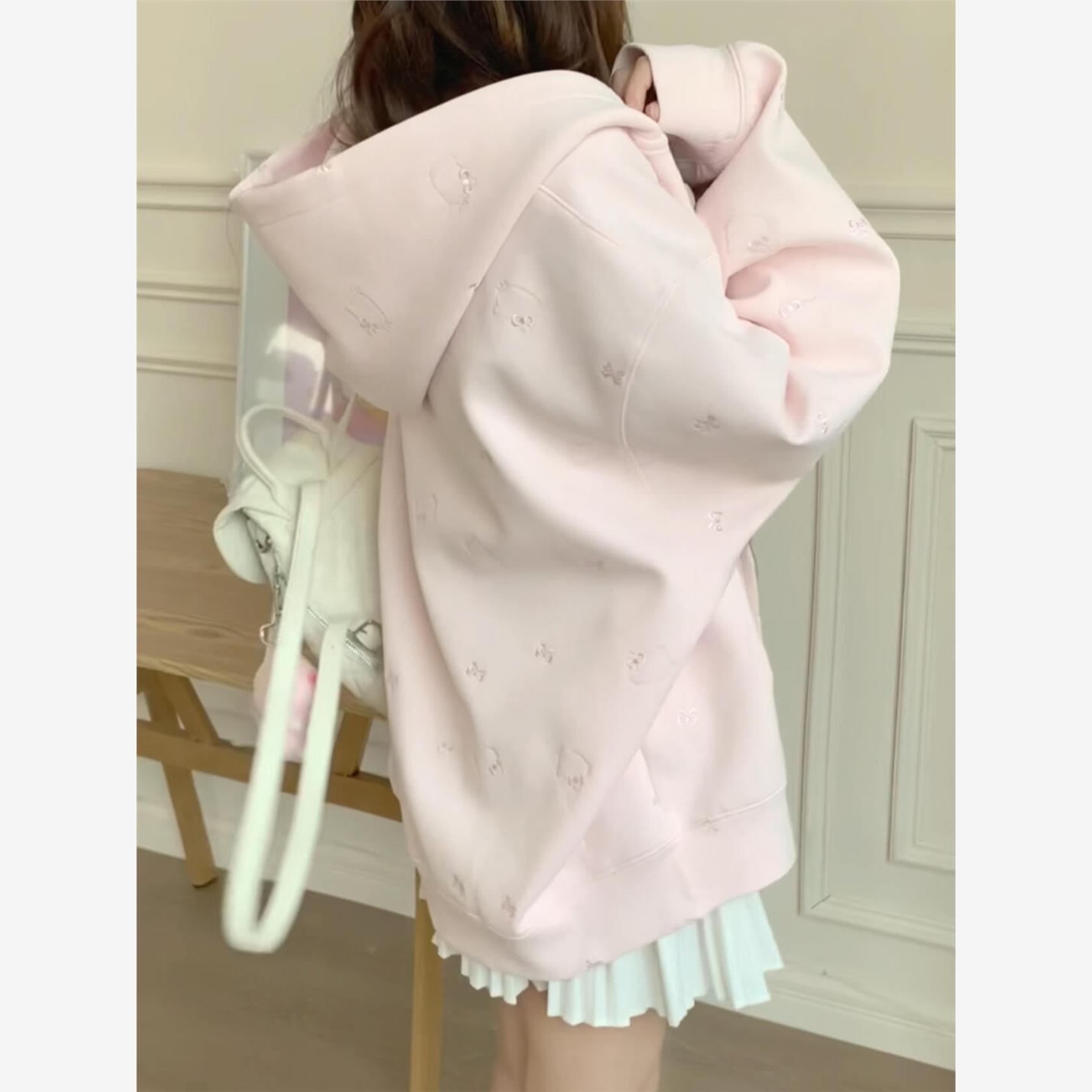 粉色刺绣连帽外套女春秋薄款2025新款韩版宽松上衣学院风开衫卫衣