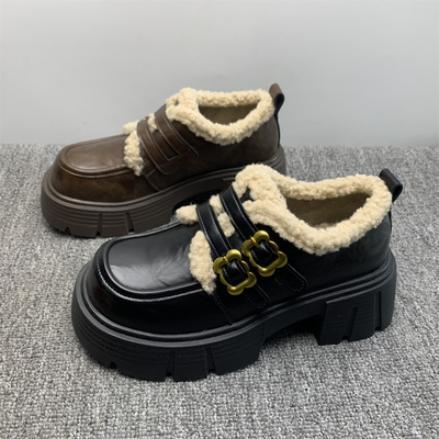 品牌撤柜处理加绒保暖乐福鞋女2025冬新款6cm增高复古毛毛小皮鞋