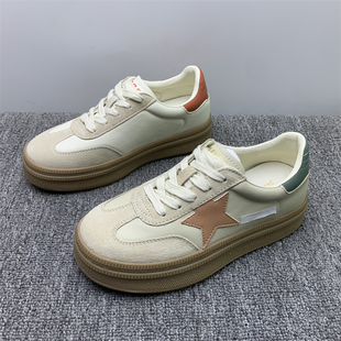 女2025春季 运动鞋 新款 系带休闲星星鞋 韩版 撤柜处理真皮厚底德训鞋