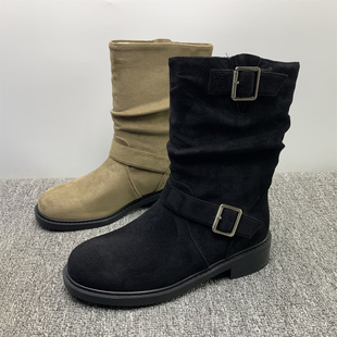 品牌撤柜处理复古羊京绒马丁靴女2025款皮带扣中筒骑士西部堆堆靴