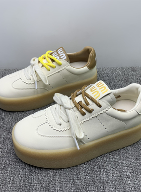 品牌撤柜处理厚底真皮德训鞋女2025秋新款户外休闲百搭简约小白鞋