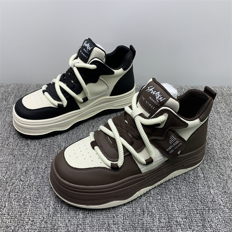 品牌撤柜处理真皮高帮鞋女2025新款拼色厚底系带复古牛皮运动板鞋