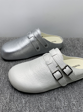 品牌断码处理真皮一脚瞪博肯鞋女外穿新款平底休闲舒适包头半拖鞋