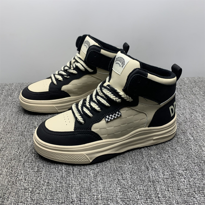 清仓断码处理加绒高帮板鞋女2025冬季新款黑白拼色系带休闲运动鞋