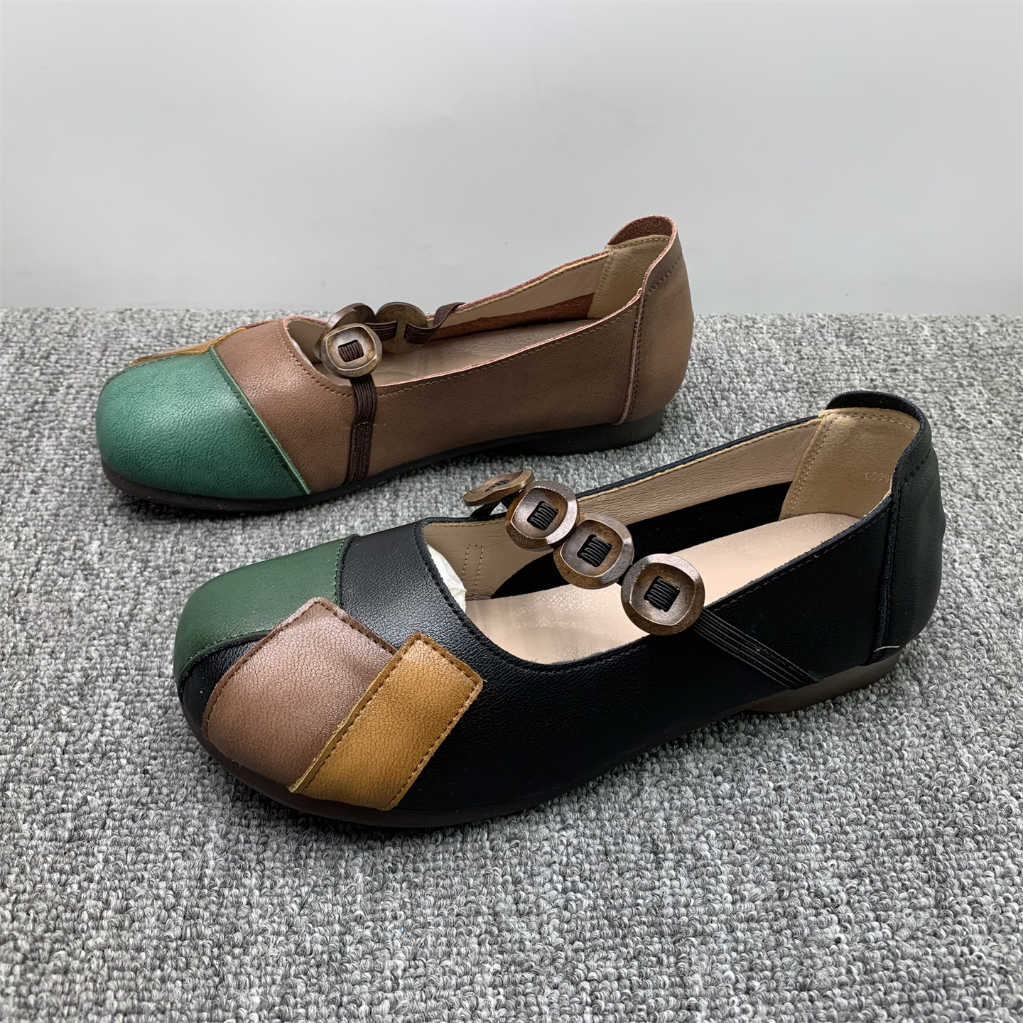 断码处理名族风真皮复古妈妈鞋女2025夏季新款拼色牛津软底豆豆鞋