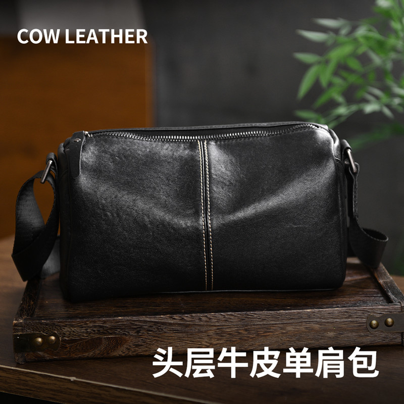 Cavid Kevin新款男士通勤单肩斜挎包轻便软皮包小包牛皮感枕头包