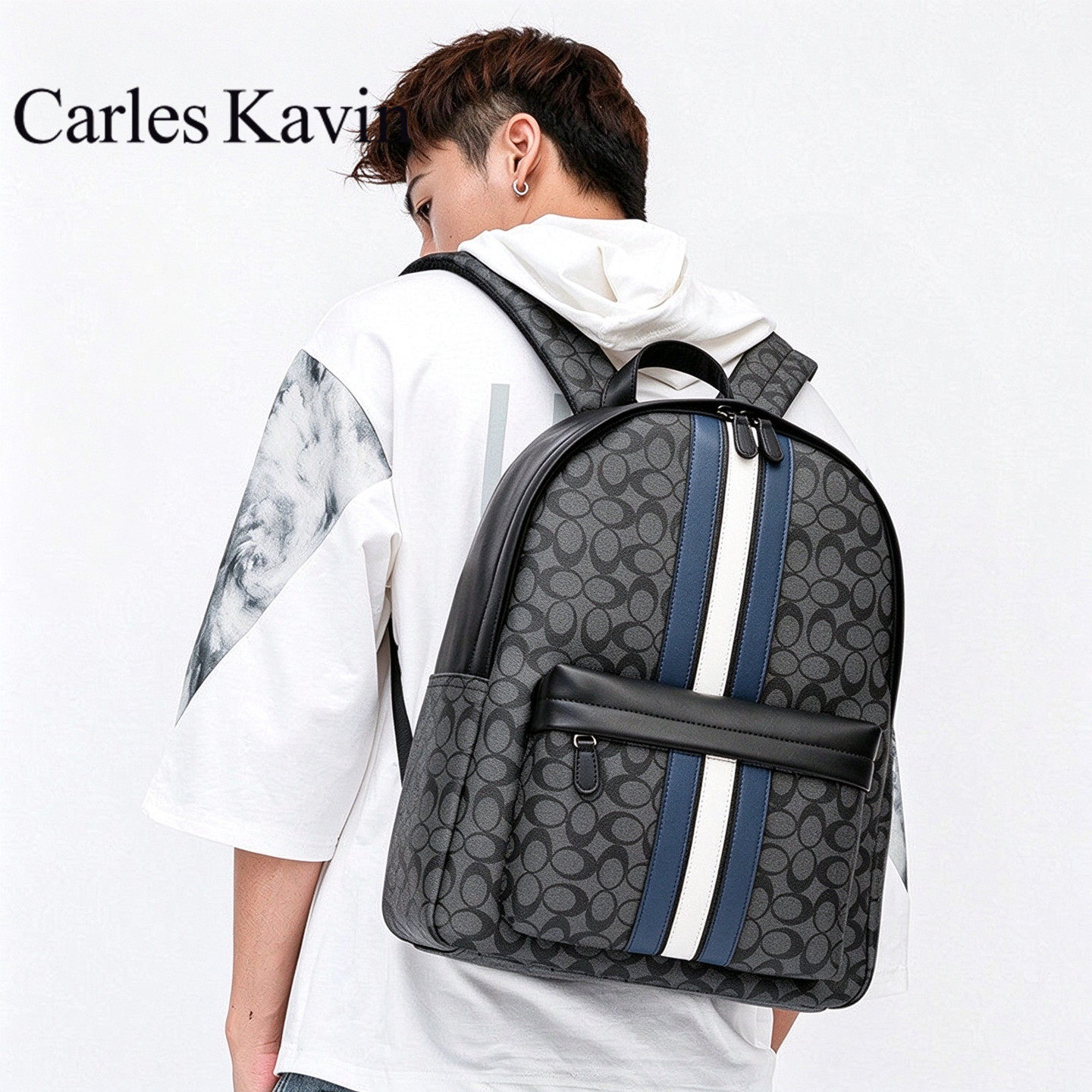 Carles Kavin欧美男士双肩包商务背包格子大容量休闲旅行包电脑包