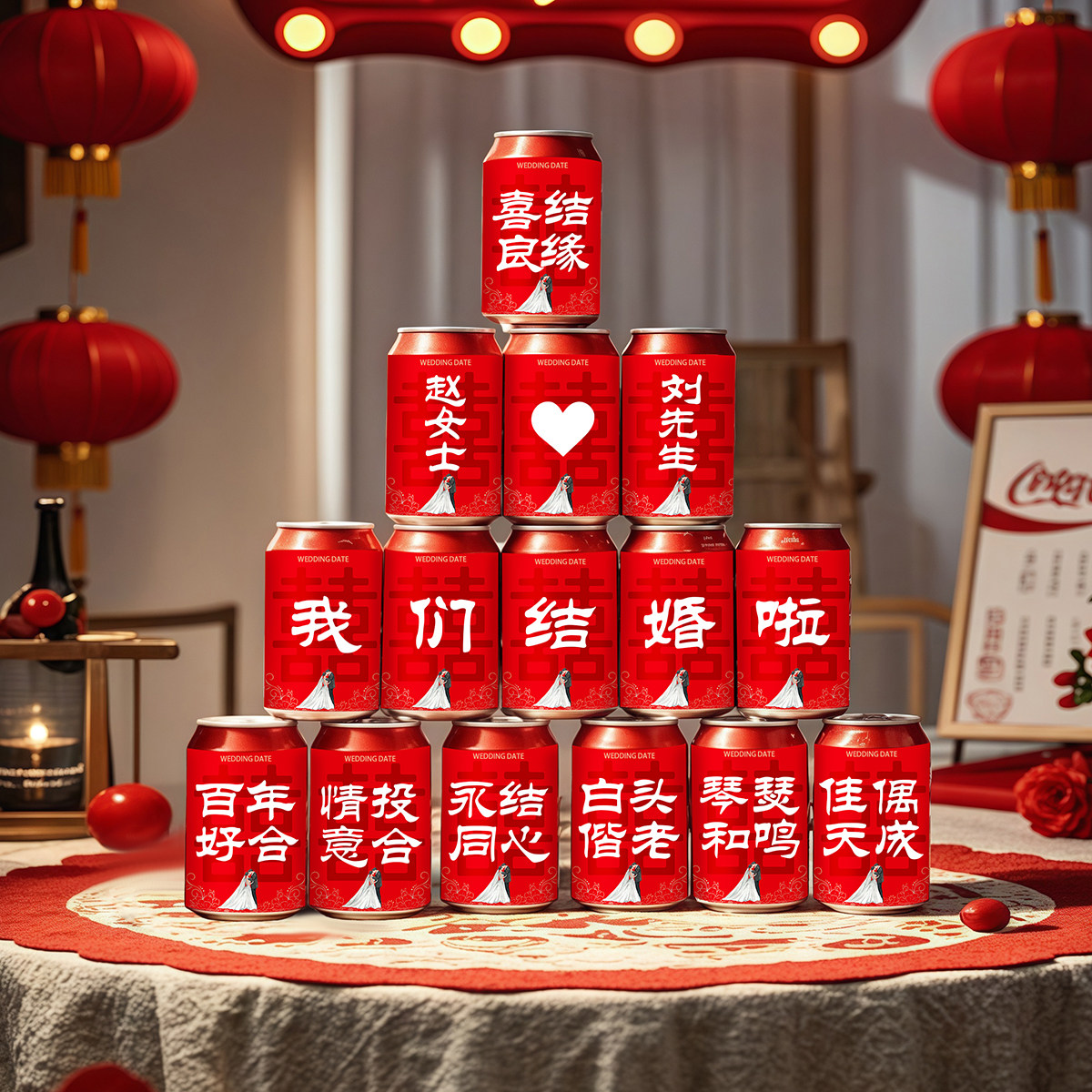 结婚订婚宴签到台装饰可乐罐贴纸气球