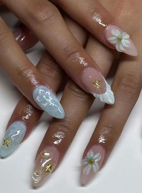 24pcs Light Blue False Nails Summer Beach Style Seashell Sta