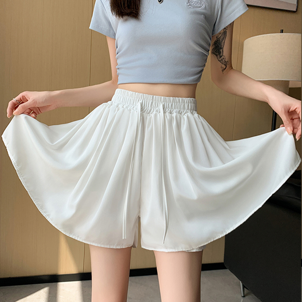 白色甜美系带短裙裤女2024夏季新款雪纺高腰五分裤a字宽松阔腿裤