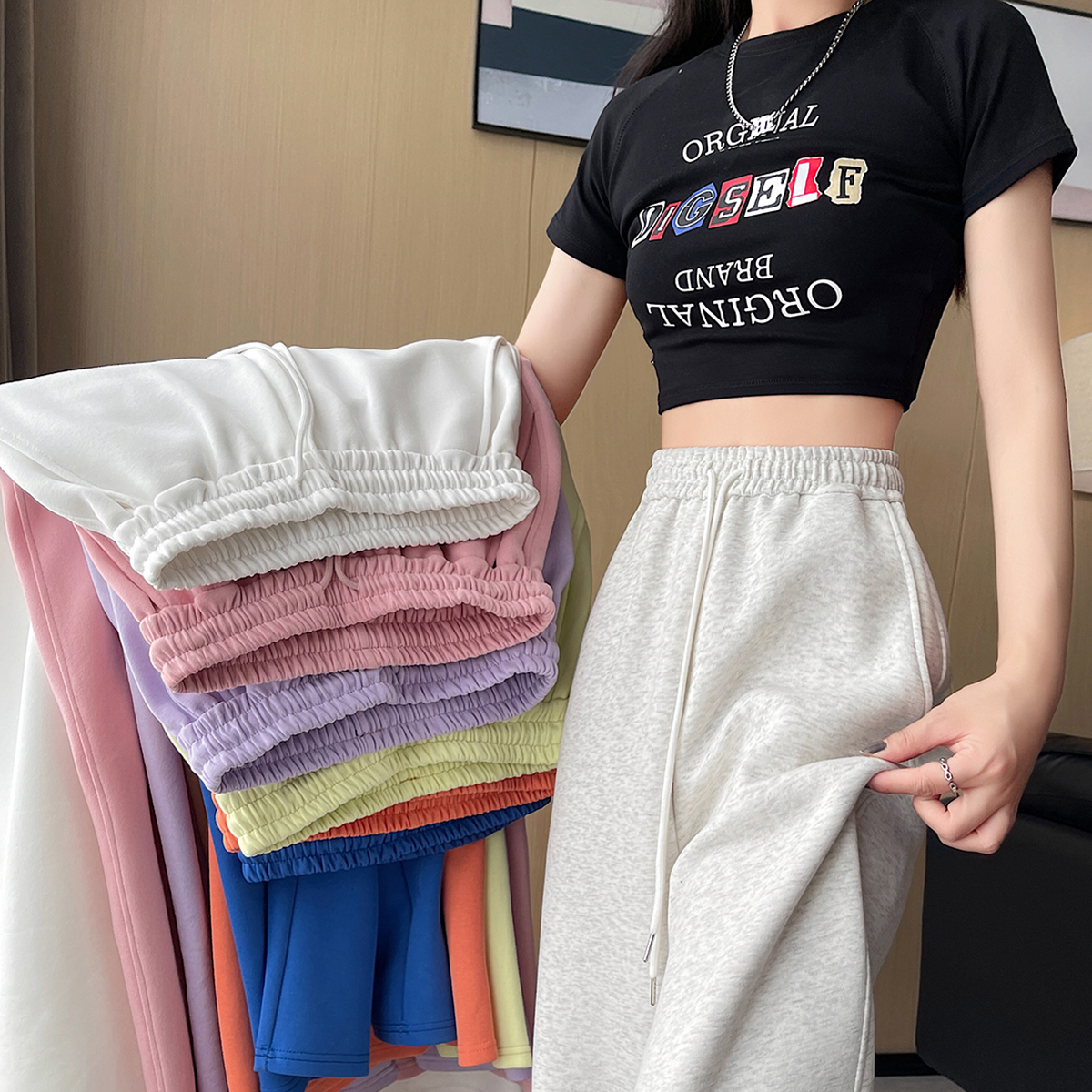 灰色运动卫裤女秋季2025新款高腰宽松直筒香蕉裤阔腿裤休闲长裤子