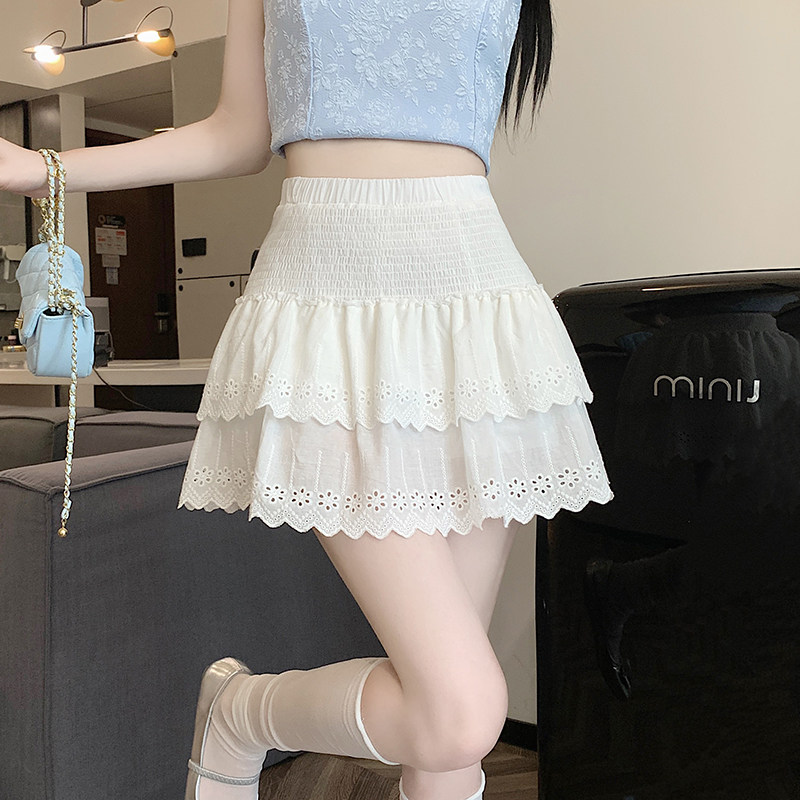 奶油蛋糕蕾丝刺绣花边半身裙女春夏松紧腰a字蛋糕裙遮肉蓬蓬短裙