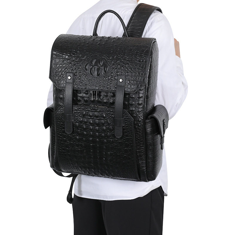 真皮鳄鱼纹男士双肩包商务通勤大容量电脑背包高级感黑色牛皮男包