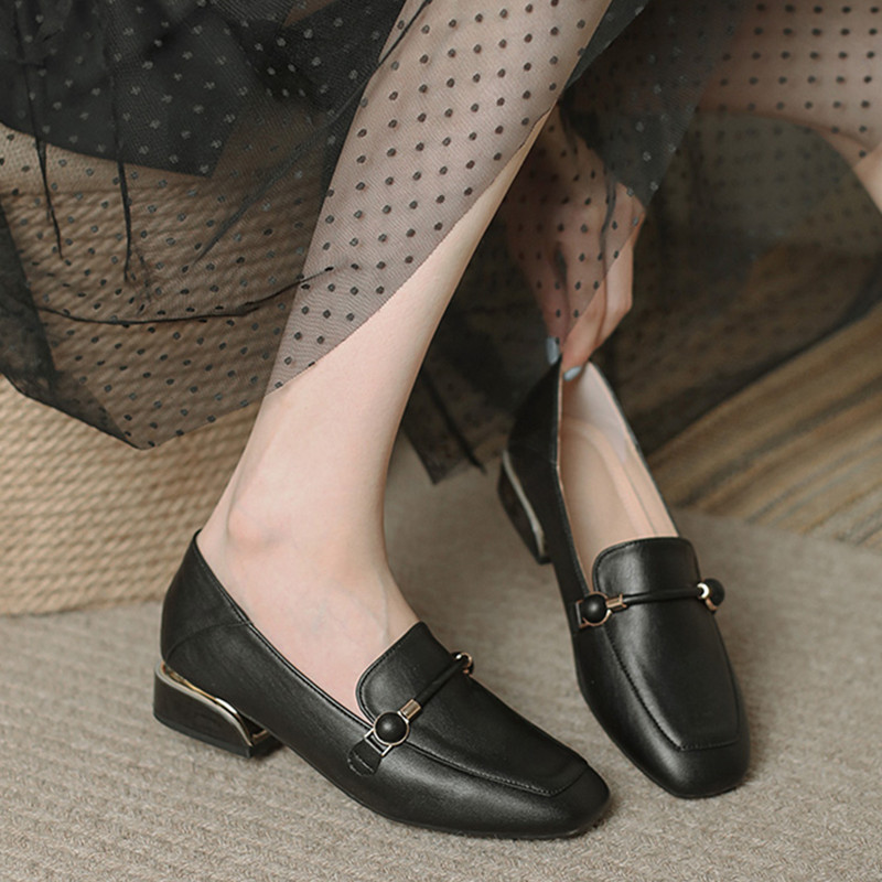 C-30A乐福鞋新款春夏季软皮法式鞋百搭一脚蹬英伦风粗跟单鞋女