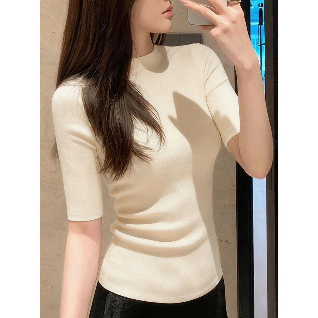 韩系基础款半高领五分袖小衫女弹力贴身修饰身形简约耐看女士针织