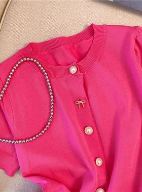 欧美优雅气质短袖针织衫女2025夏季新款高级漂亮修身短款开衫上衣