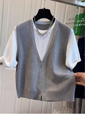 大码时尚设计感背心假两件针织衫短袖女胖MM夏季宽松洋气休闲上衣