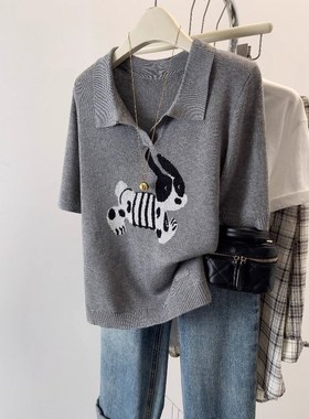 大码胖mm韩版Polo领减龄短袖针织衫女夏季新款宽松遮肚显瘦上衣潮