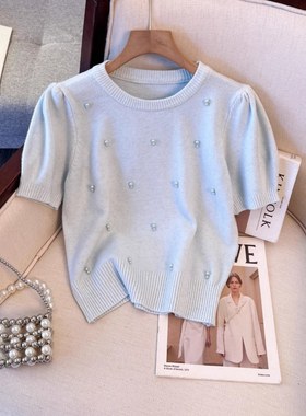 黄色圆领针织短袖t恤女装2025春季新款钉珠显瘦甜美减龄半袖上衣