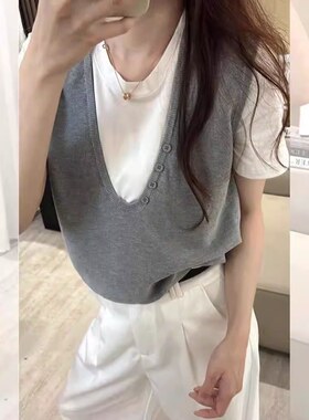 夏季法式设计感拼接假两件短袖t恤女装高级感正肩打底衫别致上衣