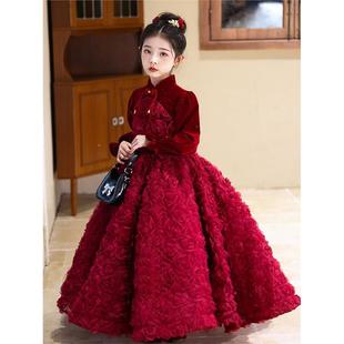 儿童红色晚礼服新中式国风主持人女童旗袍春节拜年服冬季款高级感