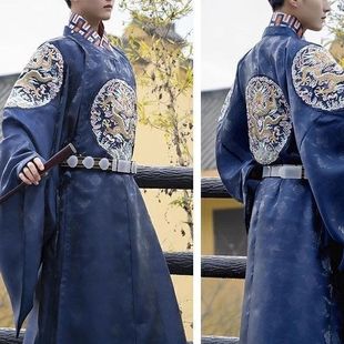 原创汉服男明制龙纹印花圆领袍情侣款红蓝可作中式婚服男装春古装