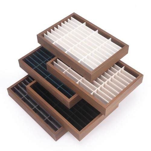 高档珠宝手镯收纳展示盒手镯绒布项链盘实木看货盘40格玉器托盘