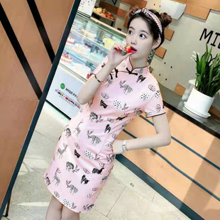 显瘦甜美卡通微弹少女学生文艺短款 中国风改良印花修身 旗袍连衣裙