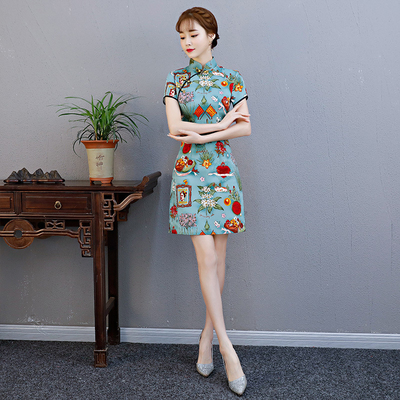 老上海复古风棉麻时尚印花旗袍