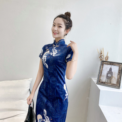 秋冬复古风印花大码仙鹤短款旗袍