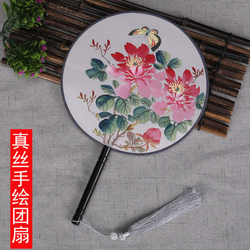 手绘圆形表演走秀旗袍真丝团扇