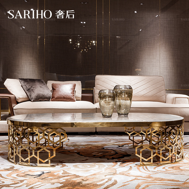 奢后意大利蓝金沙大理石椭圆形金属茶几mikemike家具longhi埃斯汀