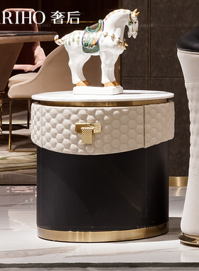 奢后/白色纳帕皮轻奢华圆形大理石床头柜tuli长旺图里家具turri居