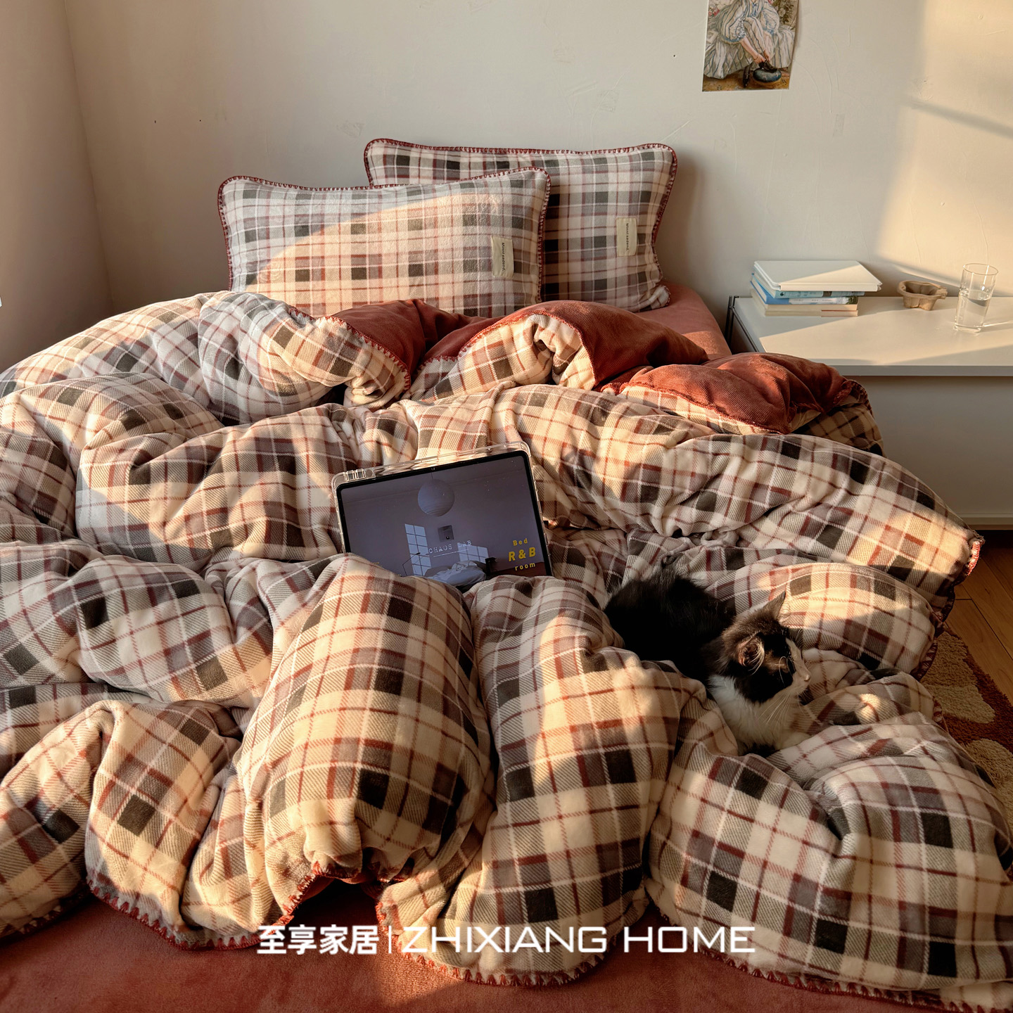 【小红书爆款】格子牛奶绒四件套