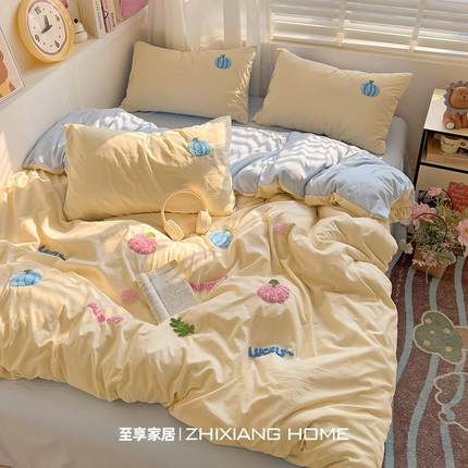 ins卡通毛巾绣床上四件套纯棉全棉床单人被套床品学生宿舍三件套4