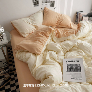 ins床品四件套水洗棉四季 学生宿舍三件套被套床上纯色床笠床单