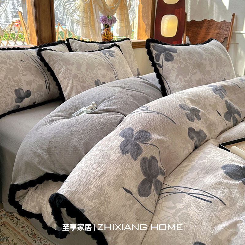 法式复古亚麻床上四件套纯棉全棉2026新款花边床单被套宿舍三件套