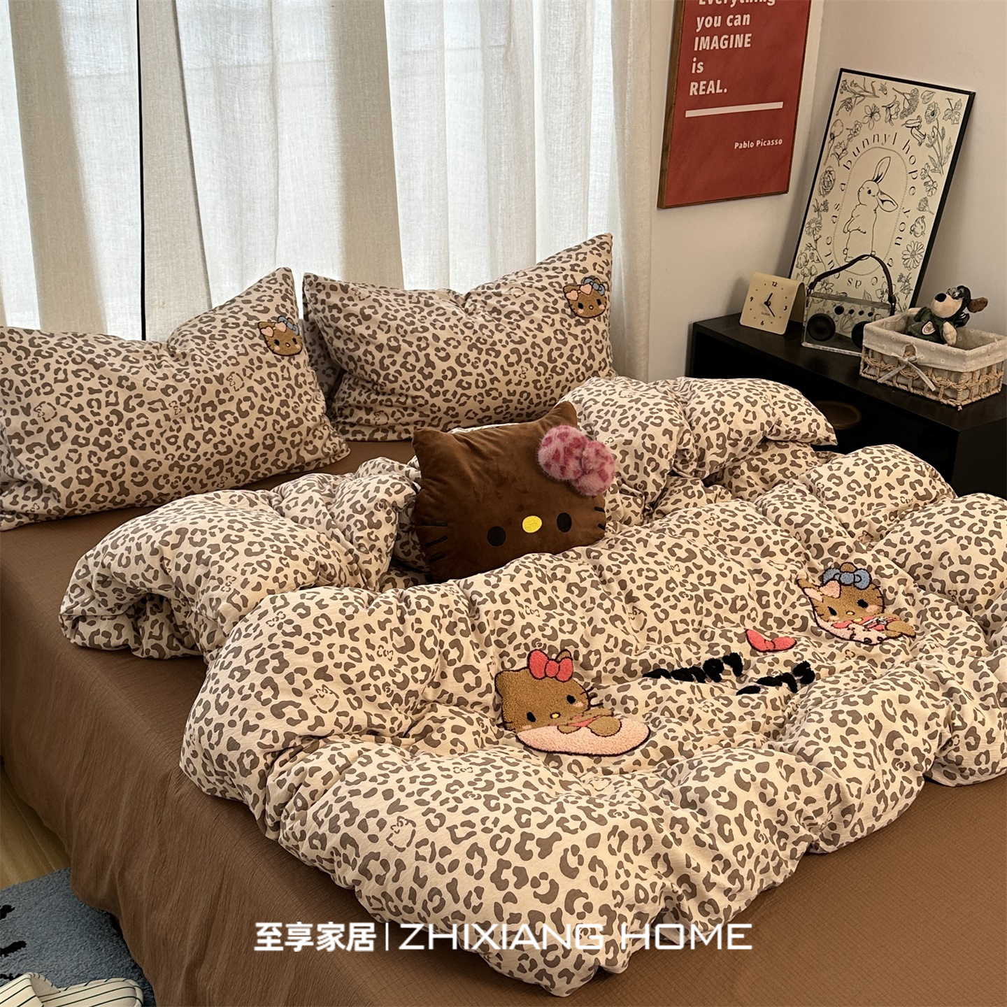 可爱豹纹kt四件套纯棉全棉双层纱毛巾绣床单被套罩学生宿舍三件套