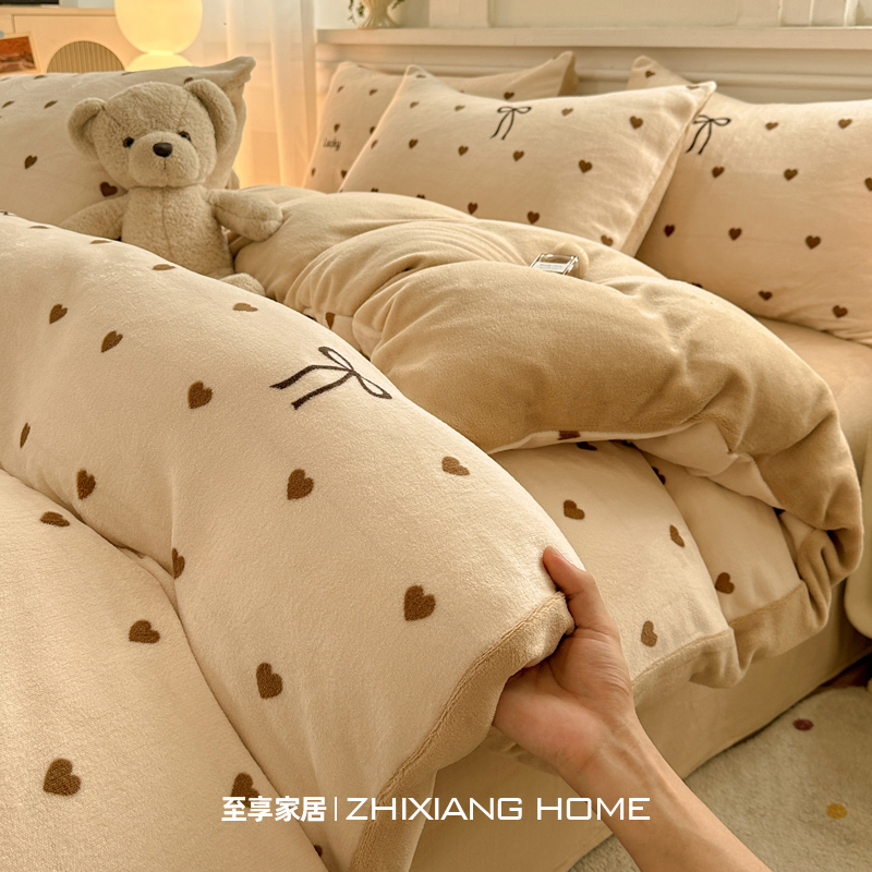 新款小清新冬季加厚牛奶绒四件套