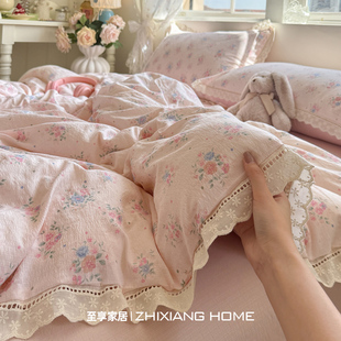 A类双层纱床上四件套全棉纯棉2025新款 花边被套罩床单宿舍三件套4