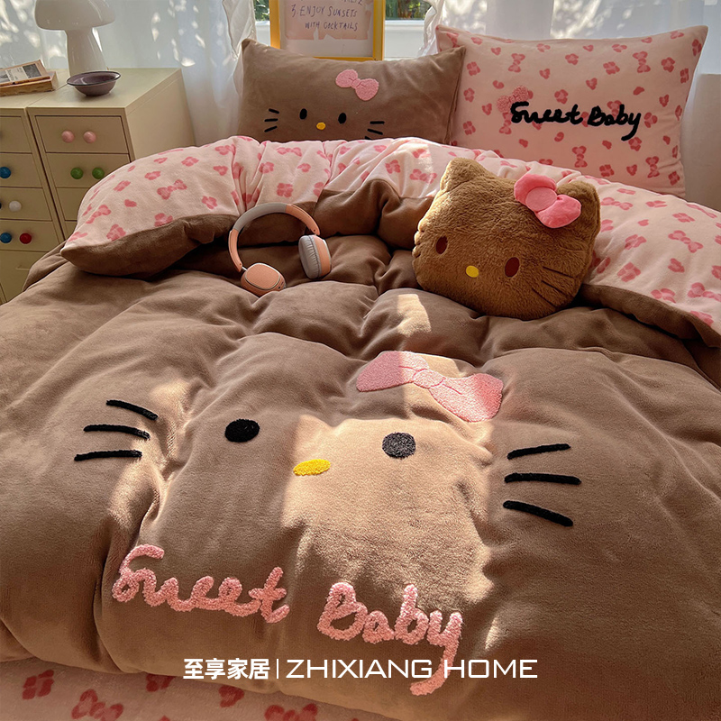 A类可爱黑皮kt牛奶绒四件套加厚