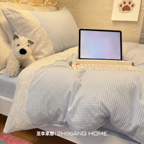 学生宿舍蕾丝花边格子纯棉四件套
