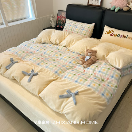 ins立体蝴蝶结毛巾绣牛奶绒四件套冬季加厚珊瑚绒床单被套三件套4