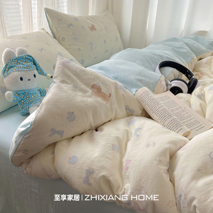 小清新云感水洗棉床上四件套2026新款床单被套床笠学生宿舍三件套