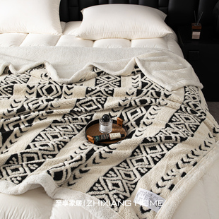 A类ins简约双层阳离子菱形格提花塔芙绒羊羔绒珊瑚绒毛毯盖毯毯子