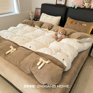 ins立体蝴蝶结加厚保暖牛奶绒四件套被套牛奶绒宿舍三件套床品