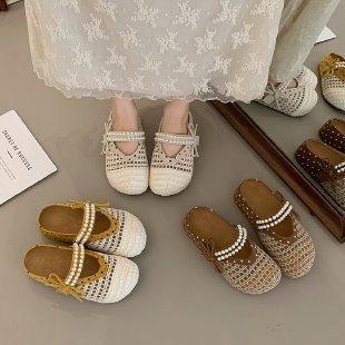 爆款珍珠装饰厚底包头拖女2026外穿一脚蹬半拖鞋舒适平跟凉拖鞋女