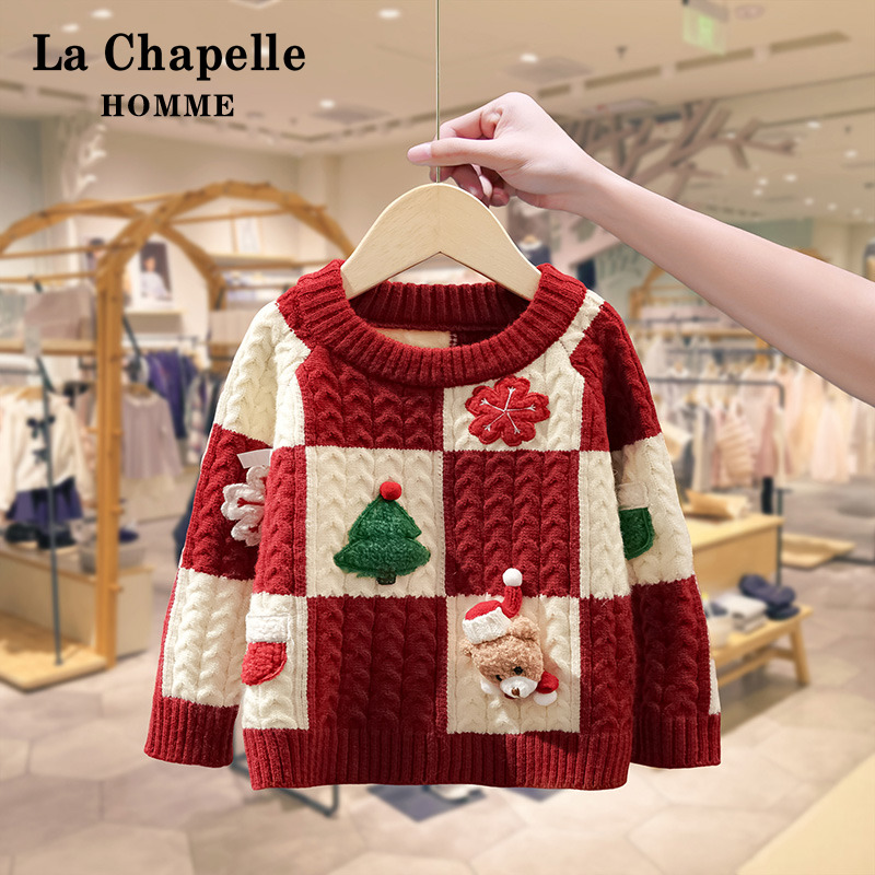 拉夏贝尔女童拜年服洋气圣诞毛衣儿童新款加厚红色宝宝冬季针织衫