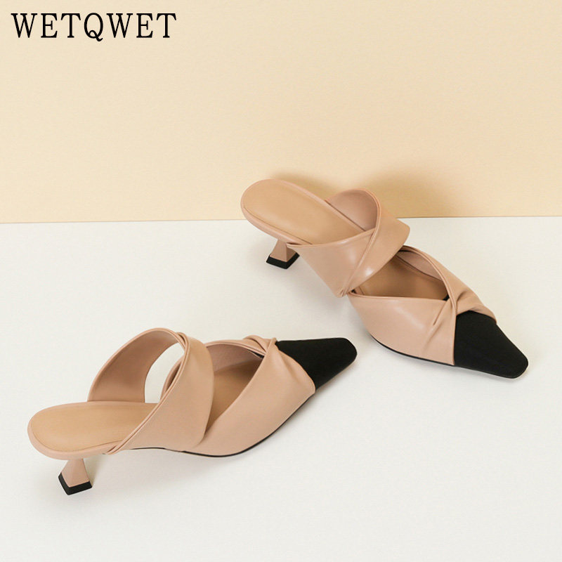 wetqwet网红小方头包头半拖鞋女夏外穿时尚拼色穆勒鞋中跟凉拖鞋