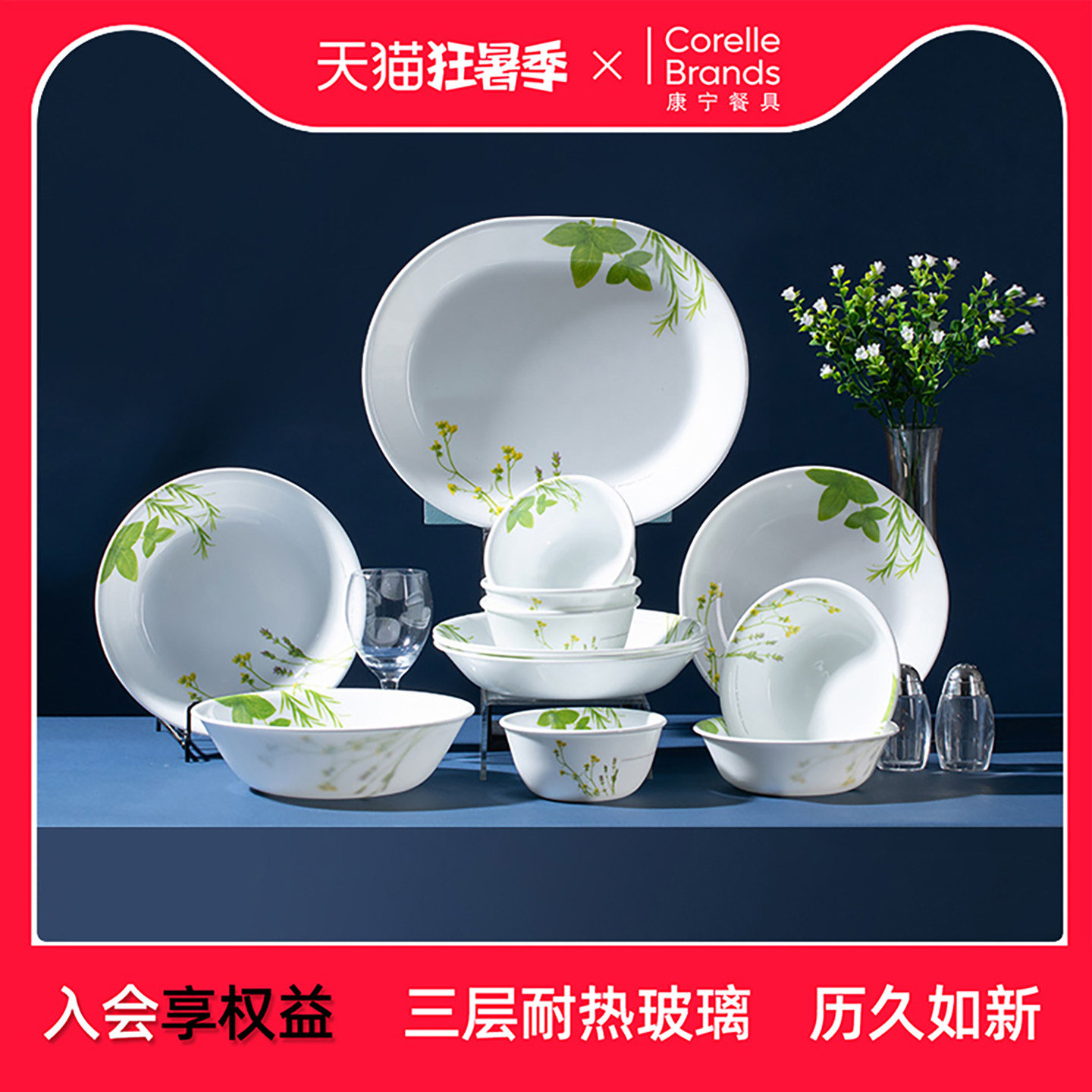 康宁餐具美国进口正品欧洲香草20件36件套装家用玻璃碗盘耐热碗碟